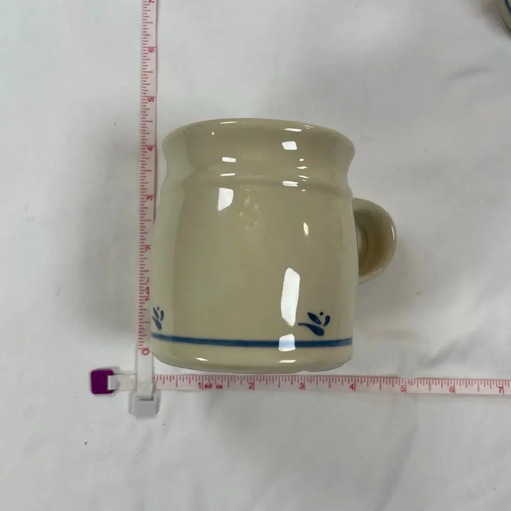 Roseville Ohio Pottery Blue Stripe Flower Mug Set 4 Stoneware Vintage USA - Picture 6 of 6
